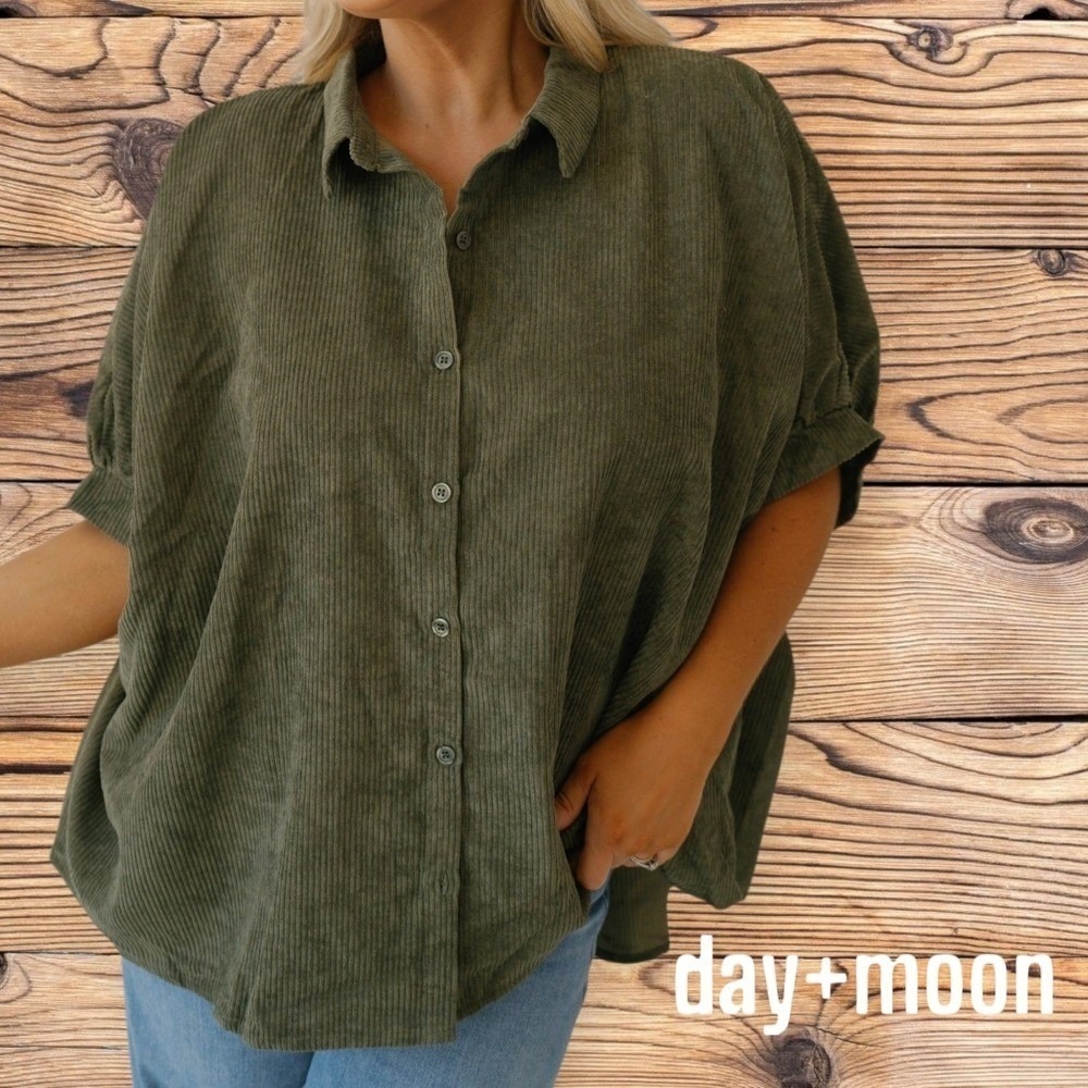 DAY + MOON Women's Love You Back Oversized Corduroy Top Olive Green S